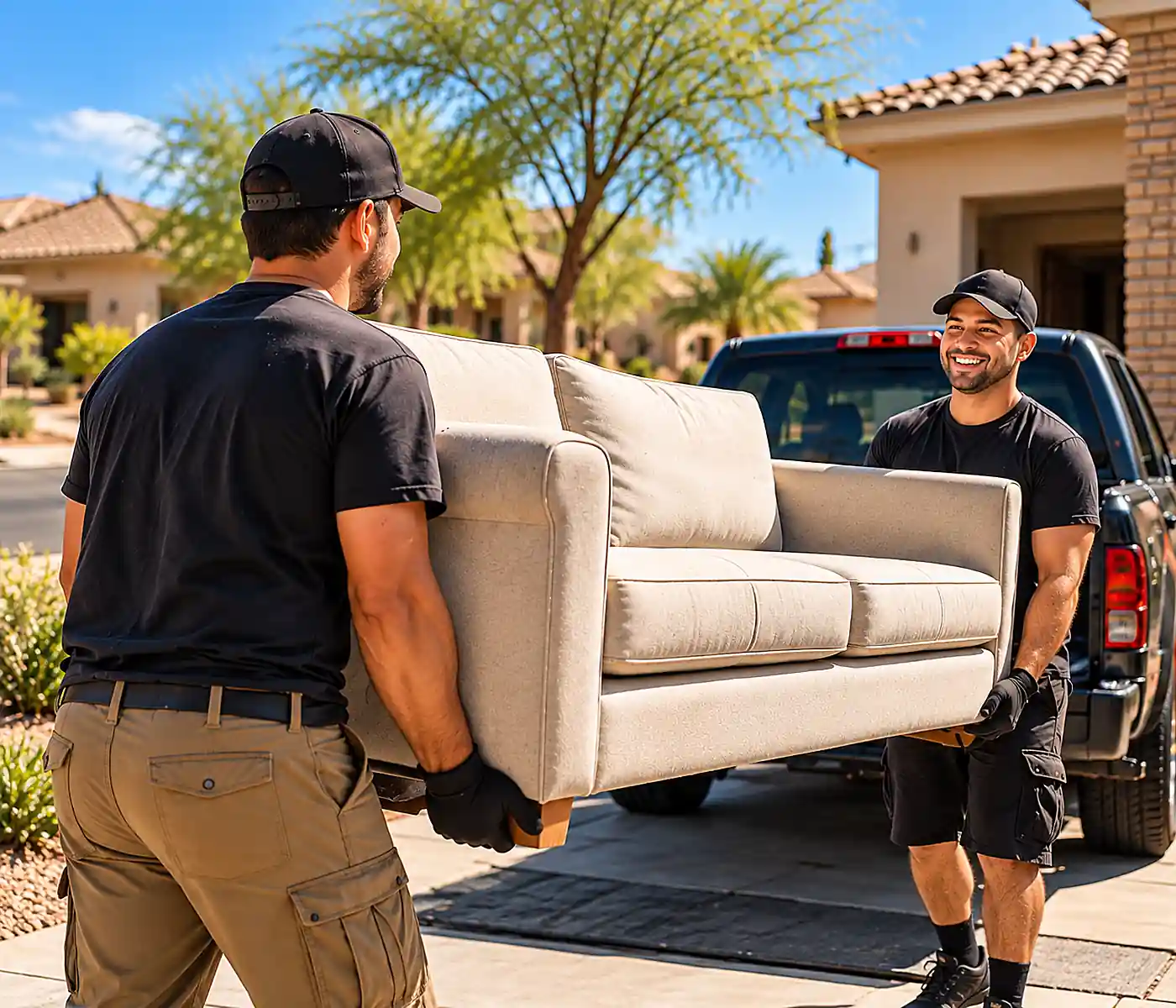 Two local providers carrying a sofa to a pickup truck in a Phoenix Valley driveway.