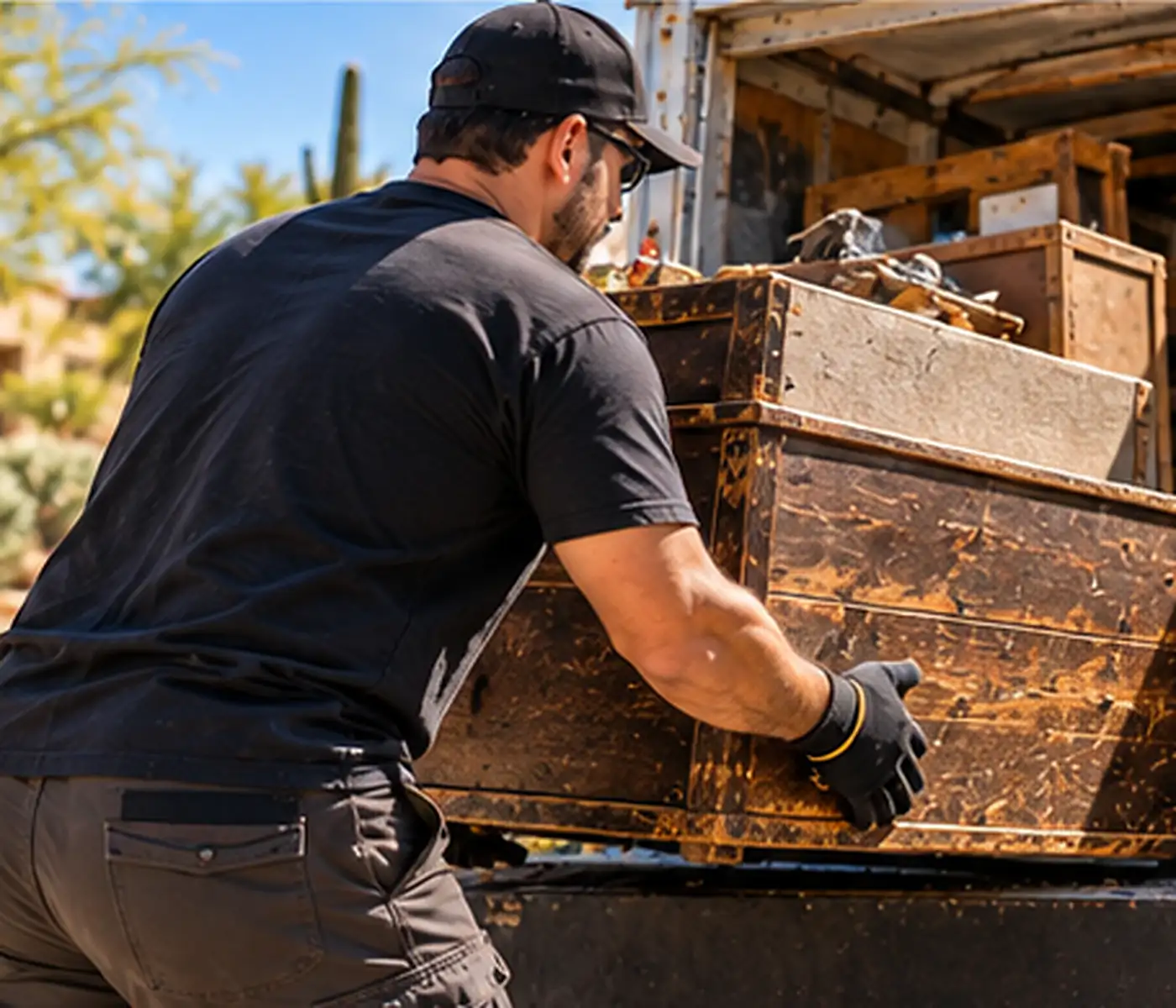 A local provider loading an old item into a truck for junk removal and haul-away.